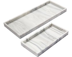 Set van 2 badkamerbakken, marmerpatroon, 2 maten, zachte siliconen sieradenbakje, kaptafel, decoratieve badkamerbakorganizer voor werkblad, aanrecht, wastafel, marmer wit