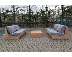 Set van 2 bankjes 120cm & tafel “Sauna” van douglas hout – Licht grijze kussens – relax bank set – Loungebank – Lage zetel - 4 persoons