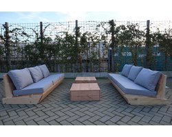 Set van 2 bankjes 180cm & 2 tafels “Sauna” van douglas hout –  Licht grijze kussens - relax bank set – Loungebank – Lage zetel – 6 persoons