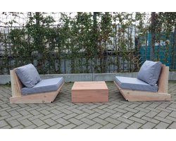 Set van 2 bankjes 60cm & tafel “Sauna” van douglas hout – Licht grijze kussens – relax bank set – Loungebank – Lage zetel - 2 persoons