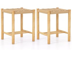 Set van 2 barkrukken – 45 cm, rubberhouten frame, geweven papieren zitting, natuurlijk rustiek, zonder rugleuning