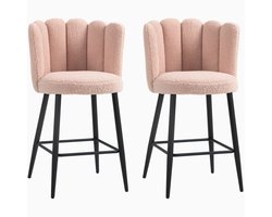 Set van 2 Barkrukken – 65 cm Zithoogte – Wollook Stoffering – Gewatteerde Zitting – Bloemvormige Rugleuning – Met Voetensteun – Stalen Poten – Roze – Voor Keuken & Eetkamer