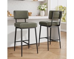 Set van 2 barkrukken - Barkruk van kunstleer op barhoogte met rugleuning - Metalen poten - Moderne gestoffeerde barkrukken - voor kookeiland, bar, keuken - Groen