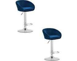 Set van 2 Barkrukken EAST – Velvet Donkerblauw - Chromen Basis - Rugleuning, Verstelbare Hoogte, 360° Draaibaar, Comfortabele Voetsteun, Modern Design, Max. 110 kg