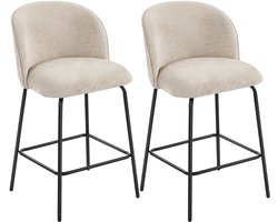 Set Van 2 Barkrukken Met Rugleuning En Voetensteun, Gestoffeerde Stoelen Met Stalen Poten Voor Keukeneiland, Eetkamer, Beige