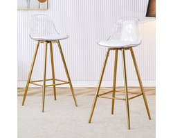 Set van 2 barkrukken met transparante rugleuningen, goudkleurig frame, hoge stoel – voor cafés, woonkamers en barruimtes