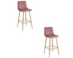 Set van 2 Barkrukken POZZA - Donker Roze Fluweel - Eikenlook Metalen Poten - Moderne Barkruk met Rugleuning