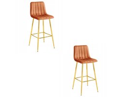 Set van 2 Barkrukken POZZA - Koperkleurig Fluweel - Gouden Metalen Poten - Moderne Barkruk met Rugleuning