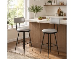 Set van 2 Barkrukken - Zithoogte 86 cm - Rond Design - Barstoel - met Rugleuning en Voetsteun - Industriële - Metalen frame - leer Grijs