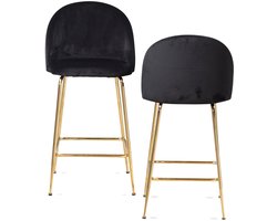 set van 2 barkrukken, zwart fluwelen kruk met rugleuning en gouden poten, keukenkruk Scandinavische stof / metaal 110 kg, design barkruk, tegenkruk, bistrokruk gestoffeerd