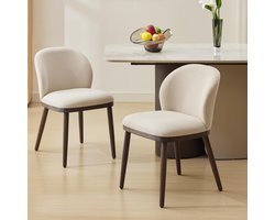 Set van 2 beige eetkamerstoelen met linnen bekleding en houten poten, ergonomische gebogen rugleuning, draagvermogen 136 kg, comfortabele stoelen voor eetkamer, keuken, woonkamer en restaurant