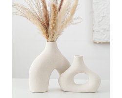 Set van 2 Beige Keramische Vazen voor Moderne Boho en Minimalistische Decoratie in Woonkamer, Bruiloft en Kantoor