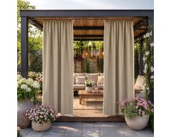 Set van 2 Beige Waterdichte Buitengordijnen met Franjes 2 x 145cm breed x 220cm Hoog