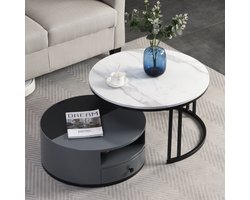 Set van 2 bij elkaar passende salontafels met opbergruimte - Zwart en grijs PVC-marmerlook - Hoogglanzende ronde salontafel voor kleine woonkamer in appartement - Wit en zwart Afmeting 70 cm en 60 cm