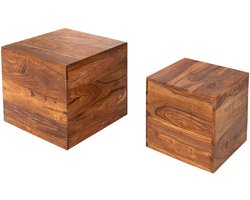 Set van 2 bijzettafels kubus MAKASSAR 40cm Sheesham massief hout steenafwerking salontafels - 37290