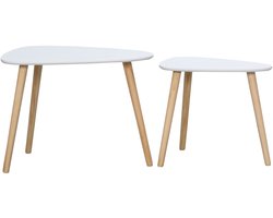 set van 2 bijzettafels, ruimtebesparende settafels, salontafels met houten poten, banktafels in Scandinavisch design voor de woonkamer Maximale belasting tot 10 kg wit+naturel