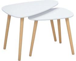 set van 2 bijzettafels, ruimtebesparende settafels, salontafels met houten poten, banktafels in Scandinavisch design voor de woonkamer Maximale belasting tot 10 kg wit+naturel