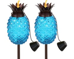 Set van 2 Blauwe Glazen Buitenfakkels, Verstelbaar in Hoogte - Tropische Tuinverlichting