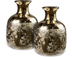Set van 2 bloemenvazen keramische decoratieve vazen, vazen set decoratie, handgemaakt: vazen vintage goud hoge keramische bloemenvaas, vazen voor pampasgras, moederdagcadeau, hoogte 15 cm