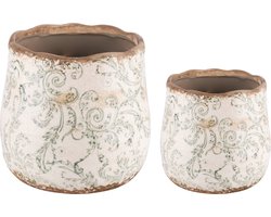 Set van 2 bloempotten / bloempot - Groen / creme / beige / bruin - 18 x 18 x 16 cm hoog (grootste bloempot).
