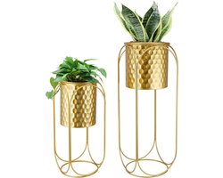 Set van 2 bloempotten op standaard voor binnen en buiten, 65,5 en 45,5 cm hoog, moderne plantenbakken voor woonkamer, keuken, kantoor, tuin - goudkleurig decoratie-item