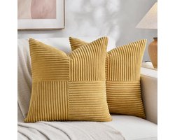 Set van 2 - Bohemian decoratieve kussenslopen - 45x45 cm, voor banken, bedden en divans - Rustieke herfstdecoratie - Zacht corduroy - Zandgeel