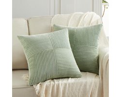 Set van 2 - Bohemian decoratieve kussenslopen - 45x45 cm, voor banken, bedden en divans - rustieke herfstdecoratie - zachte corduroy textuur - erwtengroen