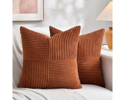 Set van 2 - Bohemian decoratieve kussenslopen-45x45 cm, voor banken,-bedden en divans-rustieke herfstdecoratie-zachte corduroy textuur-terracotta kleur