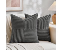 Set van 2 - Bohemian decoratieve kussenslopen - 45x45 cm, voor banken, bedden en sofa's - Rustieke herfstdecoratie - Zacht corduroy - Donkergrijs
