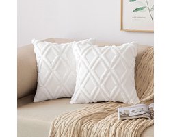 Set van 2 Boho Decoratieve Kussenhoezen van Wolvelours voor Bank en Slaapkamer 50 x 50 cm Wit