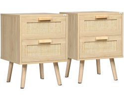 Set van 2 boho-nachtkastjes voor de slaapkamer met 2 lades, 40x40x56 cm, natuurlijk hout