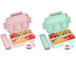Set van 2 Broodtrommels met 4 Vakken - 1300 ml Lekvrije Lunchboxen voor Kinderen en Volwassenen - Roze en Groen - Magnetron- en Vaatwasmachinebestendig - Ideaal voor School, Kantoor en Picknicks