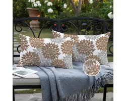 Set van 2 Buitenkussenhoezen - Waterbestendig met Bloemen Dahlia print - Voor Sofa, Terras, Tuin, Woonkamer - Bruin Grijs, 30x50 cm