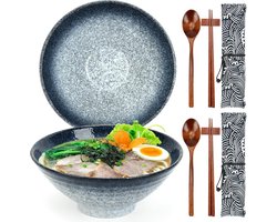 Set van 2 Ceramic Ramen Bowls - Japanse Noodle Bowls met Chopsticks en Lepels voor Soep - Pasta - Fruit Salade - Rijst Voedsel - 1050ml - Magnetron Bestendig - 20cm - Housewarming Cadeaus voor Nieuwe Huizen