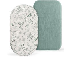 Set van 2 co-sleeping lakens voor babybedje, 100% katoenen mousseline lakens voor kinderwagen, reisbedje en wiegje,9 Crèmegroene + bladeren,135*71cm