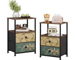 set van 2 commodes met 2 laden en open rek, commodekast, Boheemse kaptafel, opbergkast, nachtkastje, bijzettafel voor woonkamer slaapkamer, stabiel stalen frame