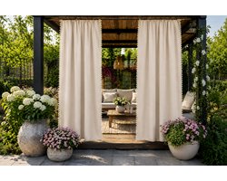 Set van 2 - Crèmekleur - Waterdichte Buitengordijnen met Franjes 2 x 145cm breed x 220cm Hoog