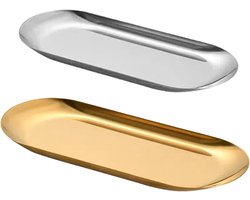 Set van 2 decoratieve dienbladen van roestvrij staal, 23cm en 18 cm, metalen dienbladen, sieradenbakjes, opbergdoosjes voor cosmetica, opbergbakjes voor badkamerbenodigdheden, kleine opbergbakjes, (goud en zilver)