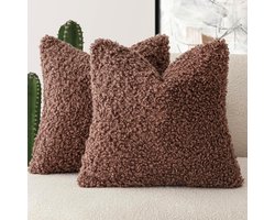 Set van 2 Decoratieve Kussenhoezen 40x40 cm Roodbruin - Zacht Sherpa Teddy Fleece Kussenslopen voor Woonkamer en Bank