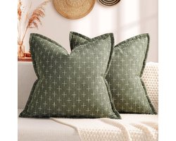 Set van 2 Decoratieve Kussenhoezen 60x60 Olijfgroen met Textuur