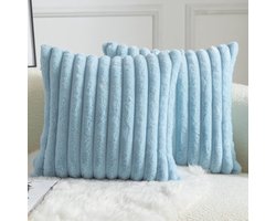 set van 2 decoratieve kussenhoezen imitatiebont gestreept pluche zachte kussenhoezen kussenslopen slaapkamer woonkamer bank thuis 60 x 60 cm (24 x 24 inch), lichtblauw