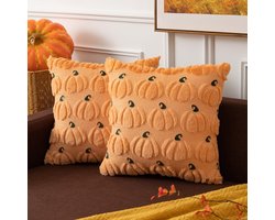 Set van 2 decoratieve kussenslopen met pompoenmotief in de herfstkleur, 45x45 cm, zachte kussenslopen voor de herfstoogst, zachte, pluche accentkussenslopen voor Halloweendecoratie op de boerderij, oranje