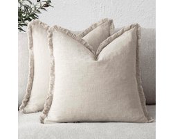 Set van 2 decoratieve linnen franje kussenslopen, gezellige Boho Farmhouse kussenhoes met kwastjes, zachte accentkussensloop voor bank, stoel, slaapbank, woonkamer, woondecoratie, 18×18 inch, beige
