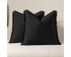 Set van 2 decoratieve linnen franje sierkussenhoezen Gezellige Boho boerderij kussenhoes met kwastjes Zachte accent kussensloop voor bank slaapbank Woonkamer Woondecoratie (45*45cm) - zwart