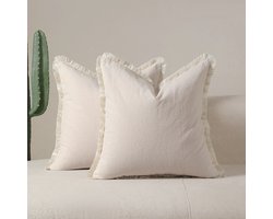 Set van 2 decoratieve linnen franje sierkussenhoezen Gezellige Boho boerderij kussenhoes met kwastjes Zachte accent kussensloop voor bank slaapbank Woonkamer Woondecoratie (45*45cm) - Beige