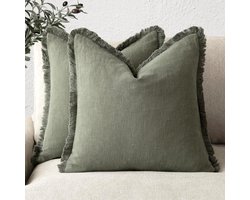 Set van 2 Decoratieve Linnen Kussen Covers Fringed Gezellige Boerderij Boho Kussenhoes Tassels Zacht Kussenhoes voor Slaapbank Woonkamer Huisdecoratie 50 x 50 cm