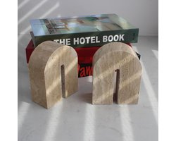 Set van 2 Decoratieve Marmeren Boekensteunen voor Zware Boeken – Boekensteun voor Plank en Kantoor (Beige Travertijn)