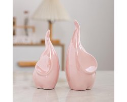 Set van 2 Decoratieve Olifanten Beeldjes van Keramiek voor Thuis, Unieke Porseleinen Sculpturen als Cadeau voor Verjaardagen en Interieuraccessoires