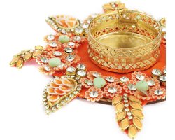 Set van 2 decoratieve Rangoli matten - oranje - kunstmatige zijde - 5 inch