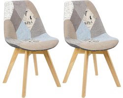 Set van 2 Design Eetkamerstoelen – Linnen Patchwork Zitting, Houten Poten